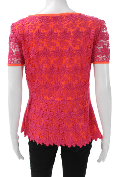 Elie Tahari Women Lace Floral Blouse Short Sleeve Round Neck Zip Pink Size M