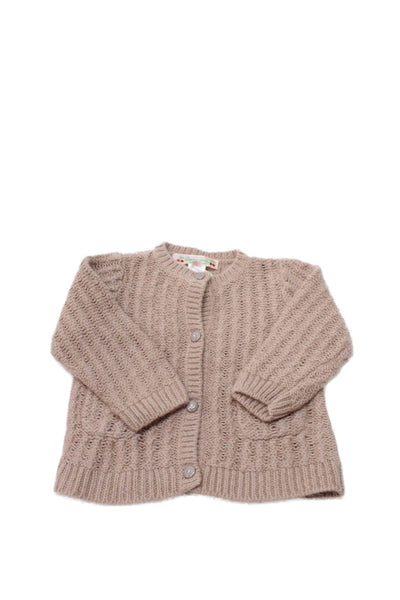 Bonpoint Girls Button Front Crew Neck Crochet Knit Cardigan Sweater Brown 6M