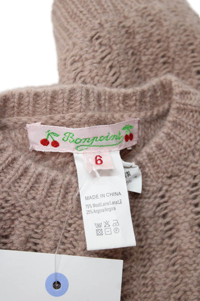 Bonpoint Girls Button Front Crew Neck Crochet Knit Cardigan Sweater Brown 6M