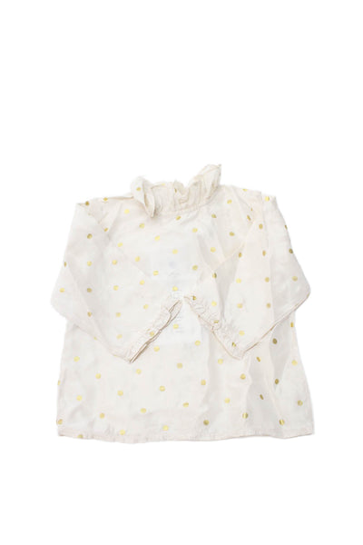 Bonpoint Girls Long Sleeve Ruffled Crew Neck Silk Polka Dot Top White Size 6M