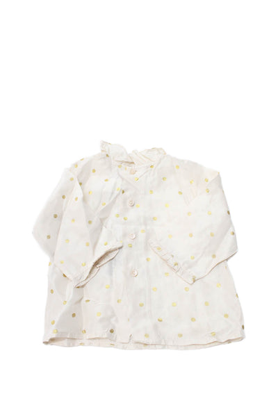 Bonpoint Girls Long Sleeve Ruffled Crew Neck Silk Polka Dot Top White Size 6M