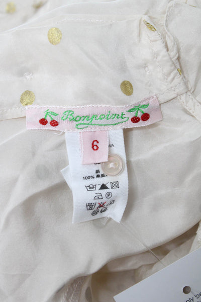 Bonpoint Girls Long Sleeve Ruffled Crew Neck Silk Polka Dot Top White Size 6M