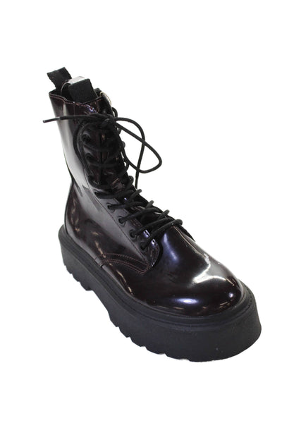 Zara Womens Side Zip Lace Up Faux Leather Combat Boots Brown Size 36