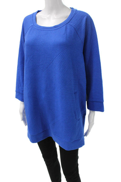 Tribal Women Blue Geometric Tunic 3/4 Sleeve Round Neck Polyester Blend Size L