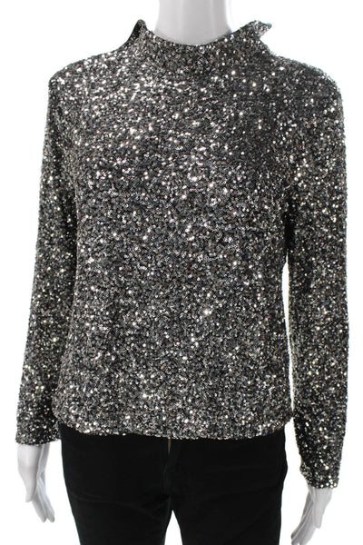 Renuar Women Silver High Neck Long Sleeve Basic Blouse Zip Polyester Size S