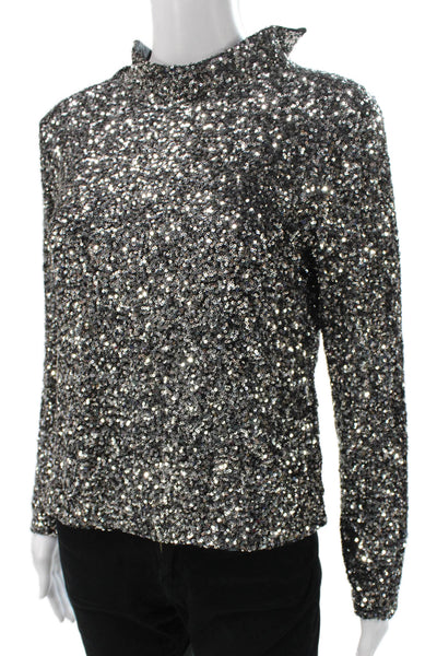 Renuar Women Silver High Neck Long Sleeve Basic Blouse Zip Polyester Size S