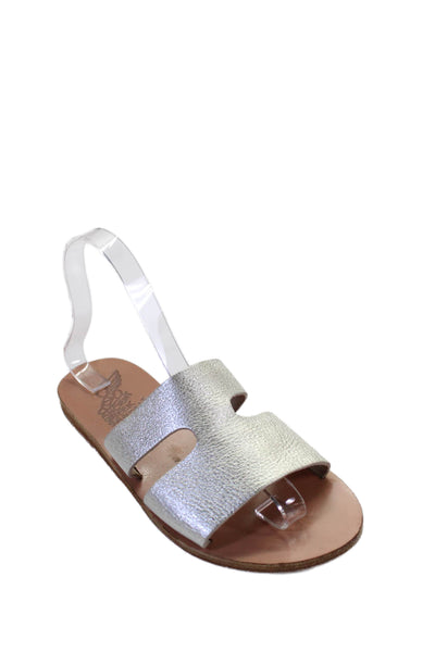 Ancient Greek Sandals Womens Leather Flat Mules Shoes Silver Size 7