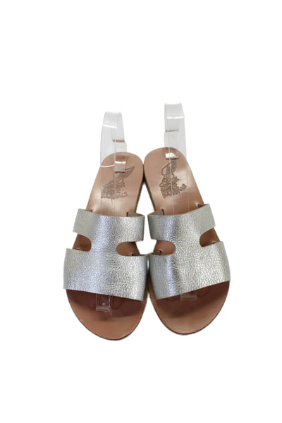 Ancient Greek Sandals Womens Leather Flat Mules Shoes Silver Size 7