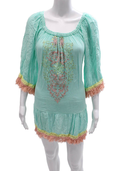 Miss June Women Tunic Blue Rayon Scoop Neck 3/4 Sleeve Solid Size One Size