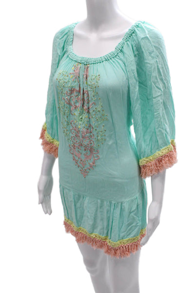 Miss June Women Tunic Blue Rayon Scoop Neck 3/4 Sleeve Solid Size One Size