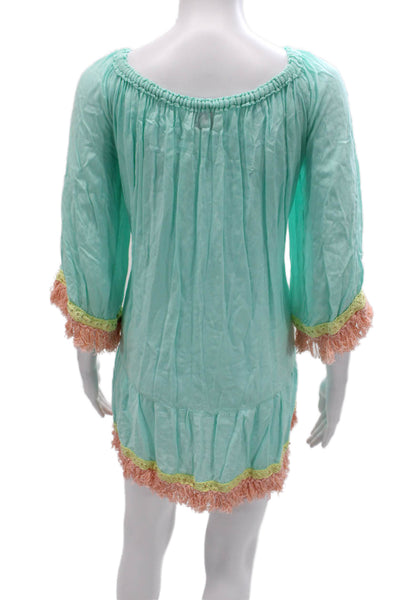 Miss June Women Tunic Blue Rayon Scoop Neck 3/4 Sleeve Solid Size One Size