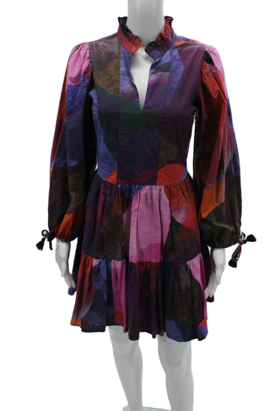 Oliphant Women Fit & Flare Dress Multicolor Geometric Long Sleeve Size 2XS