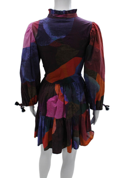 Oliphant Women Fit & Flare Dress Multicolor Geometric Long Sleeve Size 2XS