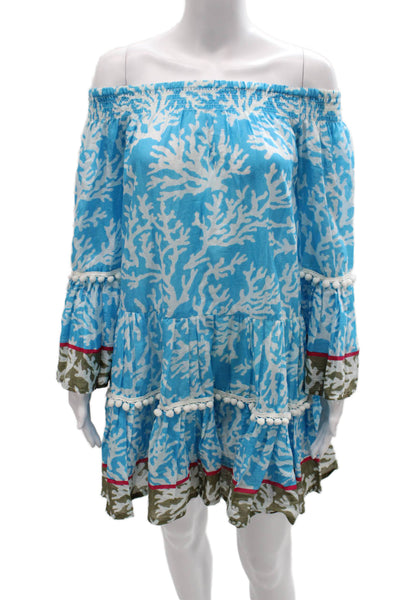 Debbie Katz Womens Shift Dress Blue Coral Print Off Shoulder 3/4 Sleeve Size S