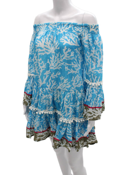 Debbie Katz Womens Shift Dress Blue Coral Print Off Shoulder 3/4 Sleeve Size S