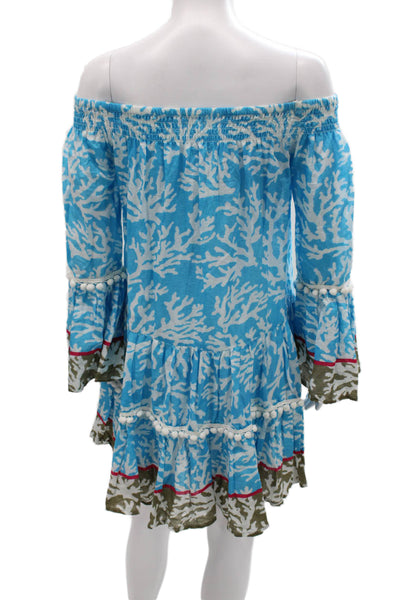 Debbie Katz Womens Shift Dress Blue Coral Print Off Shoulder 3/4 Sleeve Size S