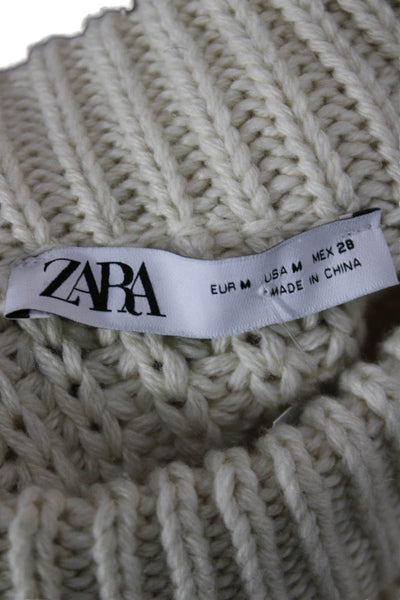 Zara Women Pullover Sweater Long Sleeve Crew Neck Ivory Polyester Size M