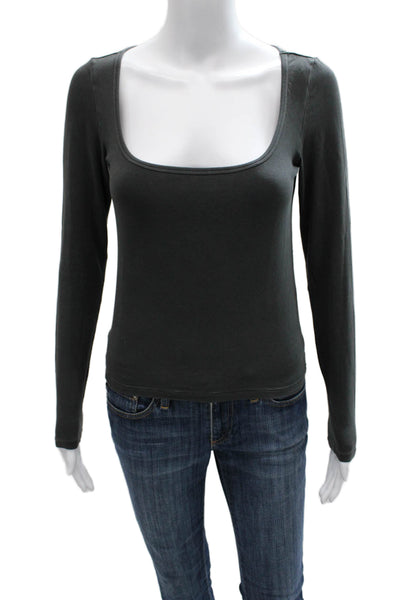Skims Women Basic T-Shirt Gray Square Neck Long Sleeve 92% Cotton Size M
