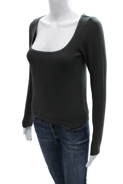 Skims Women Basic T-Shirt Gray Square Neck Long Sleeve 92% Cotton Size M
