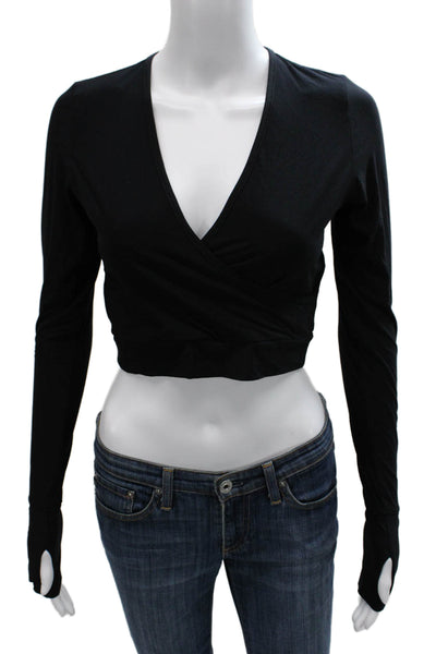 Commando Women Cropped V-Neck Black Micro Modal Blouse Long Sleeve Size S