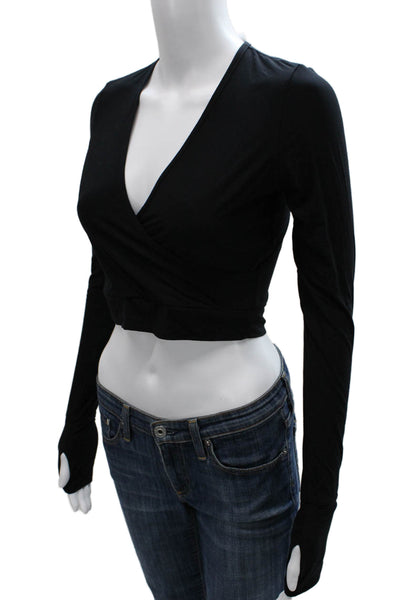 Commando Women Cropped V-Neck Black Micro Modal Blouse Long Sleeve Size S