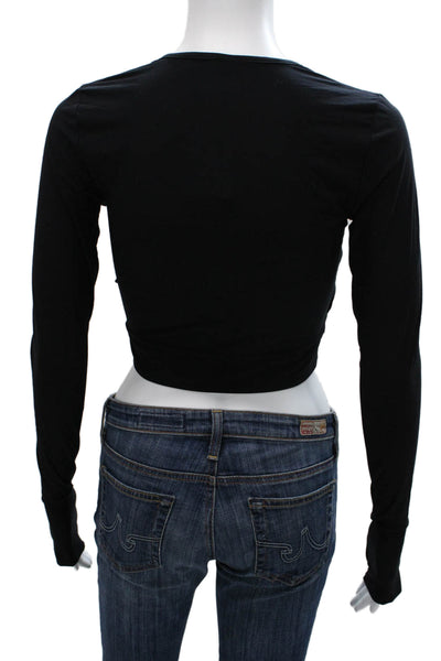 Commando Women Cropped V-Neck Black Micro Modal Blouse Long Sleeve Size S