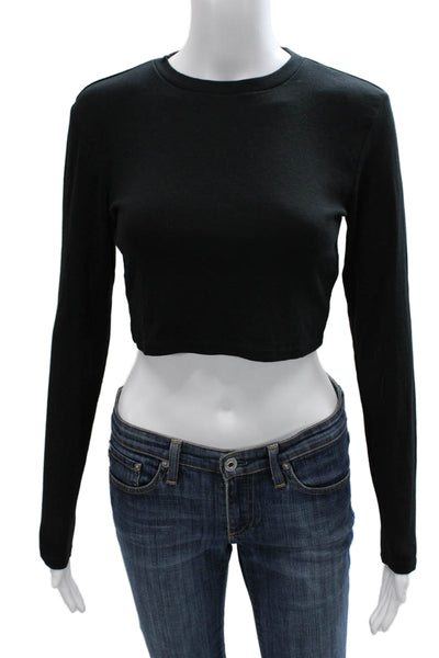 Zara Women Cropped Black Cotton Blend T-Shirt Long Sleeve Crew Neck Size L