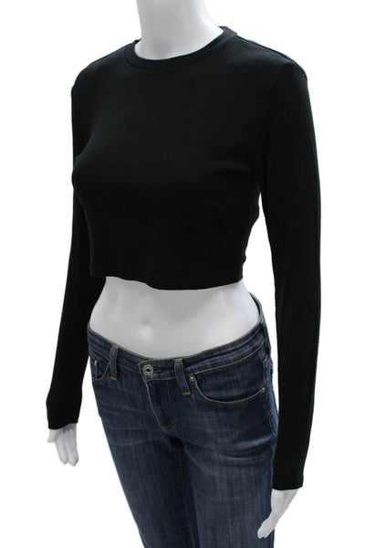 Zara Women Cropped Black Cotton Blend T-Shirt Long Sleeve Crew Neck Size L