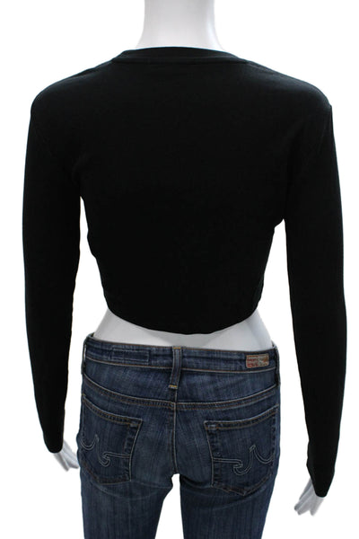 Zara Women Cropped Black Cotton Blend T-Shirt Long Sleeve Crew Neck Size L