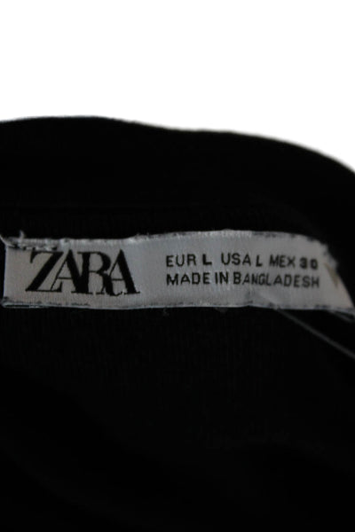 Zara Women Cropped Black Cotton Blend T-Shirt Long Sleeve Crew Neck Size L