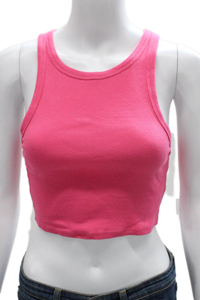 Zara Women Cropped Tank Pink Cotton Blend Round Neck Sleeveless Size M