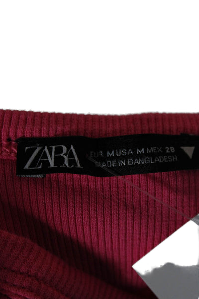 Zara Women Cropped Tank Pink Cotton Blend Round Neck Sleeveless Size M
