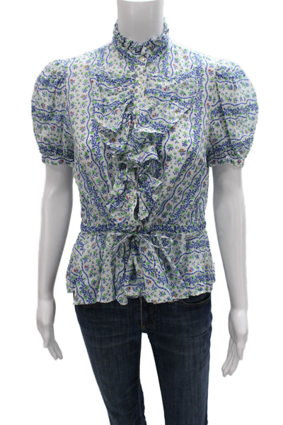 Thierry Colson Women Multicolor Floral High Neck Short Sleeve Blouse Size S