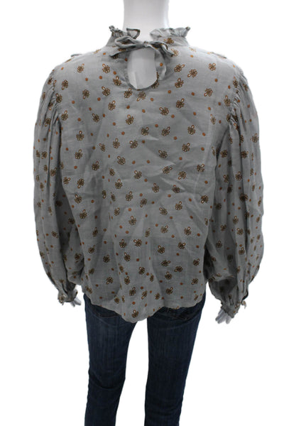 Innika Choo Womens Ramie Floral High Neck Long Sleeve Tie Blouse Size One Size