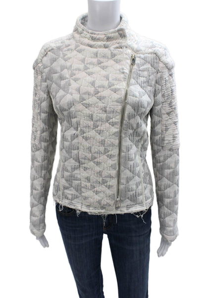 IRO Women Biker Jacket White Cotton Blend Geometric Long Sleeve Zip Size 38