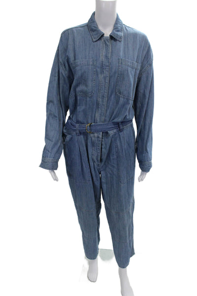 Michael Michael Kors Women Blue Cotton Collared Long Sleeve Jumpsuit Zip Size M