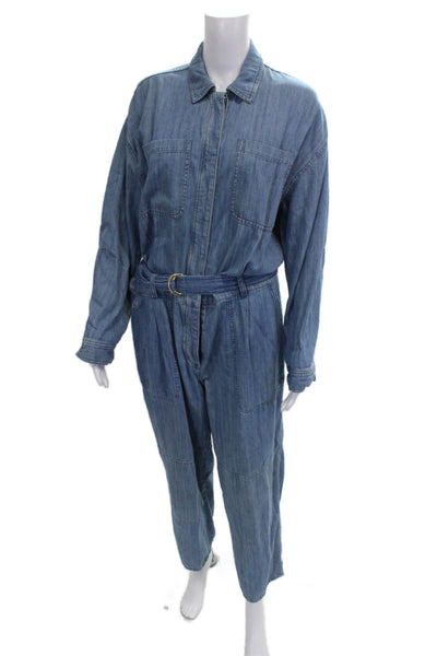 Michael Michael Kors Women Blue Cotton Collared Long Sleeve Jumpsuit Zip Size M