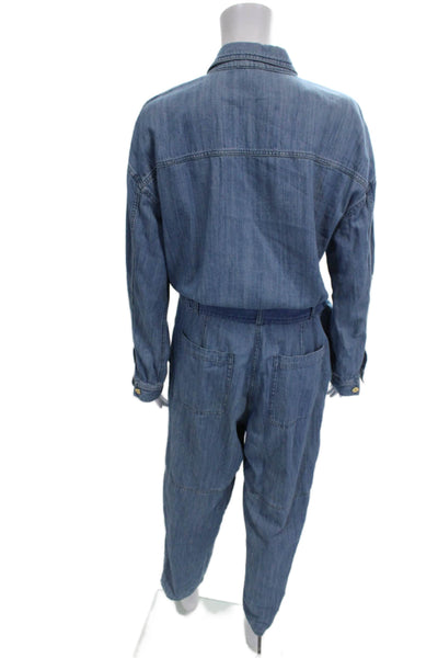 Michael Michael Kors Women Blue Cotton Collared Long Sleeve Jumpsuit Zip Size M