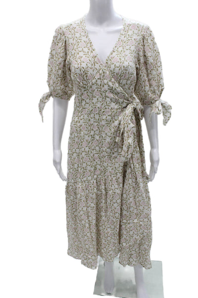 Hannah Womens Wrap Dress White Floral V-Neck Tie Waist Half Sleeve Size S