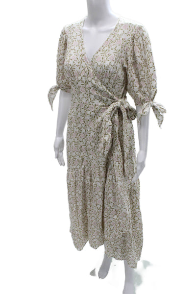 Hannah Womens Wrap Dress White Floral V-Neck Tie Waist Half Sleeve Size S