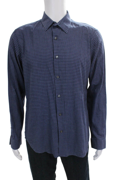Theory Mens Cotton Checkered Button Up Shirt Blue Size L