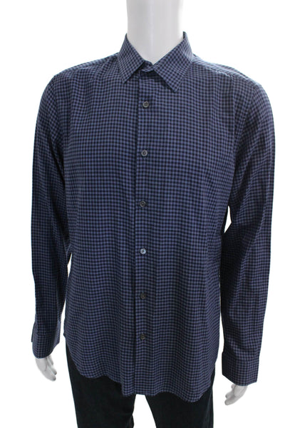 Theory Mens Cotton Checkered Button Up Shirt Blue Size L