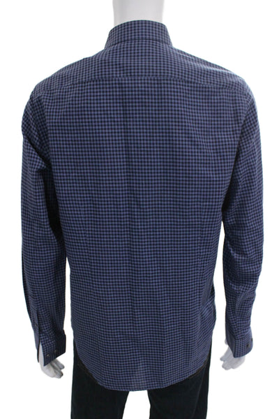 Theory Mens Cotton Checkered Button Up Shirt Blue Size L