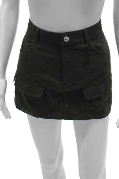Zara Women Green Cotton Cargo Mini Skirt Button Solid Spring Size M