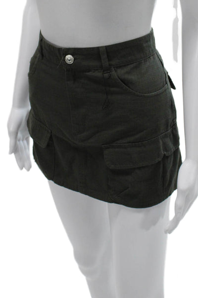 Zara Women Green Cotton Cargo Mini Skirt Button Solid Spring Size M