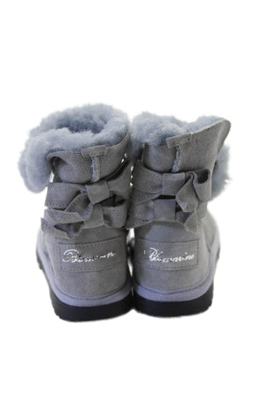 Blumarine Girls Side Zip Shearling Lined Logo Back Boots Blue Suede Size 23