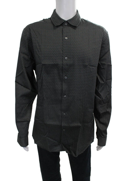 DKNY Mens Black Geometric Collared Button Up Dress Shirt Long Sleeve Size XL