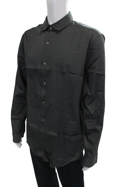 DKNY Mens Black Geometric Collared Button Up Dress Shirt Long Sleeve Size XL