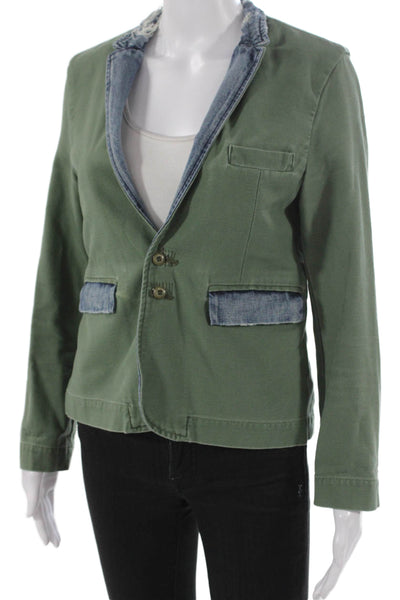 NSF Womens Basic Jacket Green Cotton Button Long Sleeve Solid Fall Size S