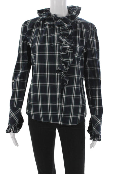 Cara Cara Women Blue Plaid Cotton Blouse Long Sleeve Size S
